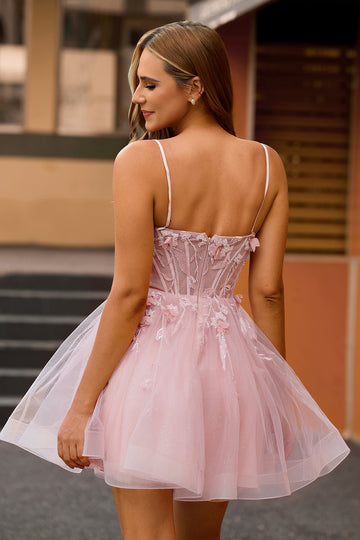 Pink A Line Tulle Corset Homecoming Dress with 3D Flowers